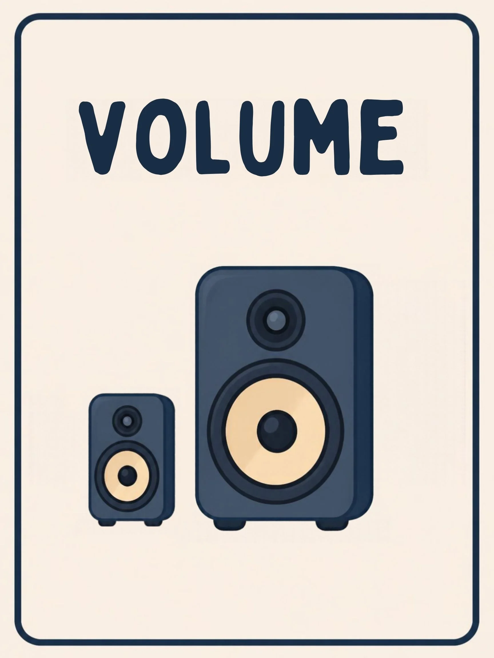 A Music Room flashcard with the word "Volume" and a picture that shows the word in action.