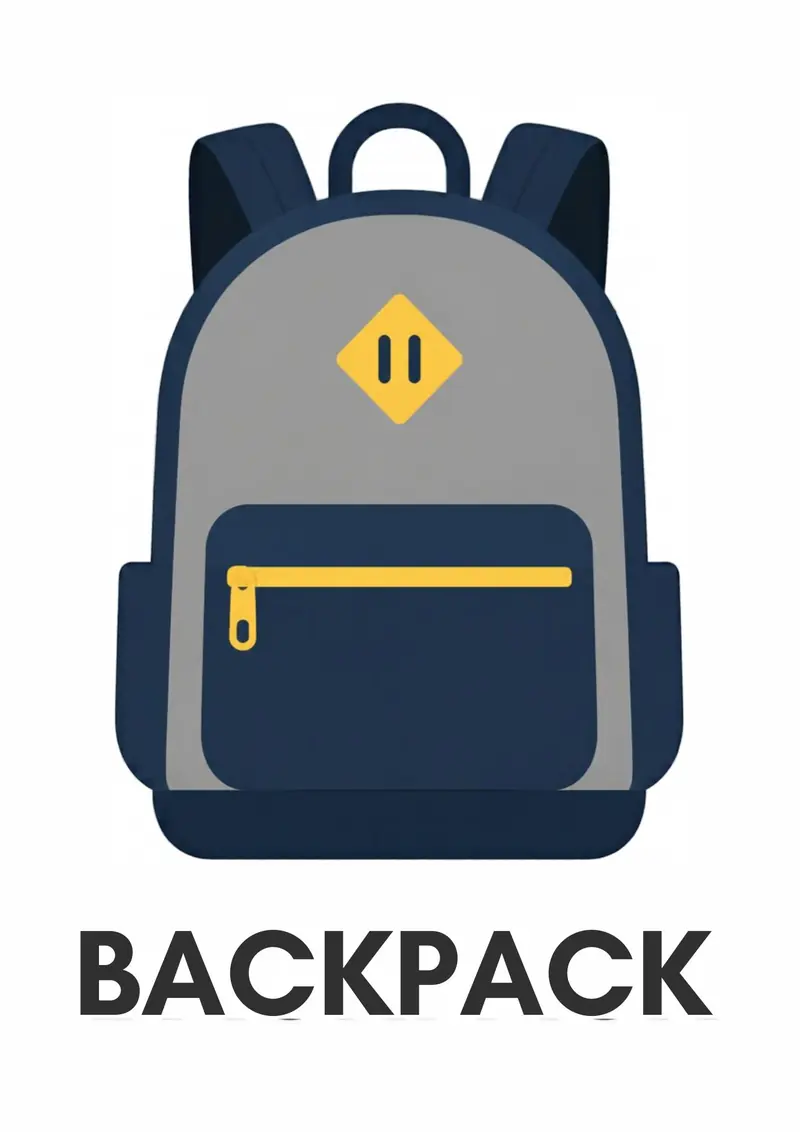 A classroom flashcard titled Backpack: the word "backpack" under a navy and gray backpack with a yellow zip pocket.