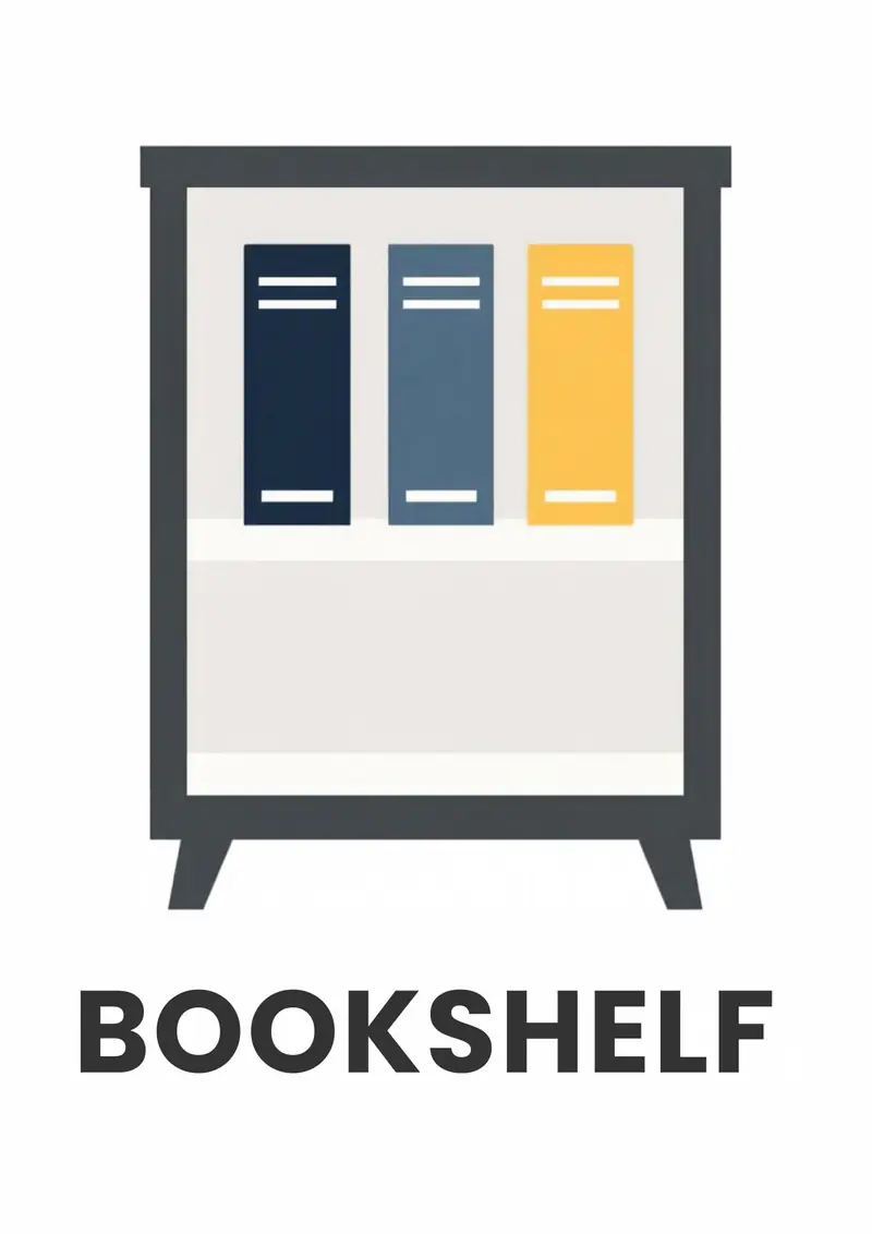 A classroom flashcard titled Bookshelf: the word "bookshelf" under a gray shelf holding blue and yellow books.