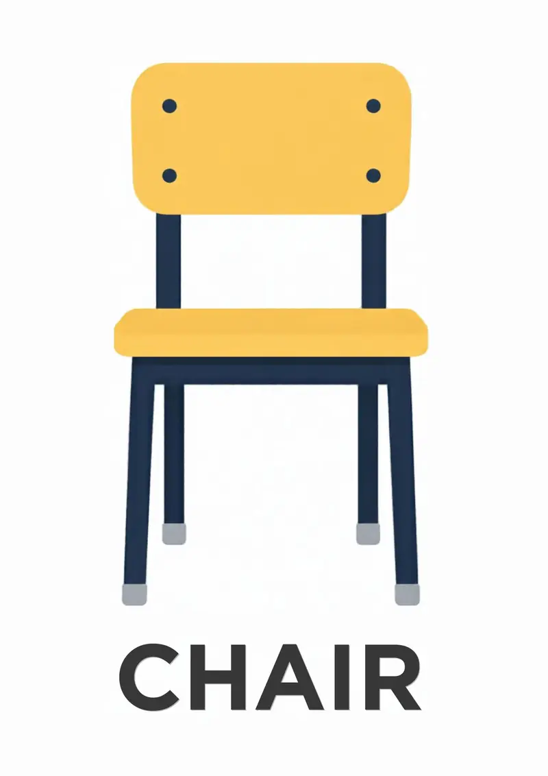 A classroom flashcard titled Chair: the word "chair" under a child&rsquo;s school chair with a yellow seat.