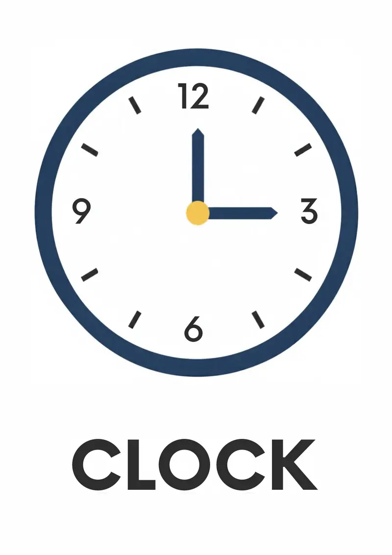 A classroom flashcard titled Clock: the word "clock" under a round clock face reading three o&rsquo;clock.