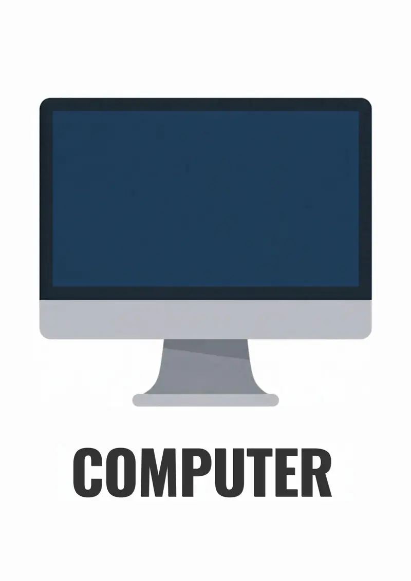 A classroom flashcard titled Computer: the word "computer" under a desktop monitor on a gray stand.
