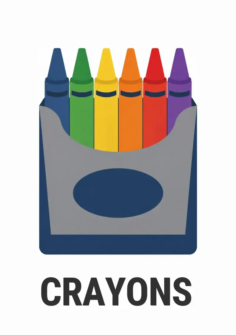 A classroom flashcard titled Crayons: the word "crayons" under a gray box holding a row of rainbow crayons.