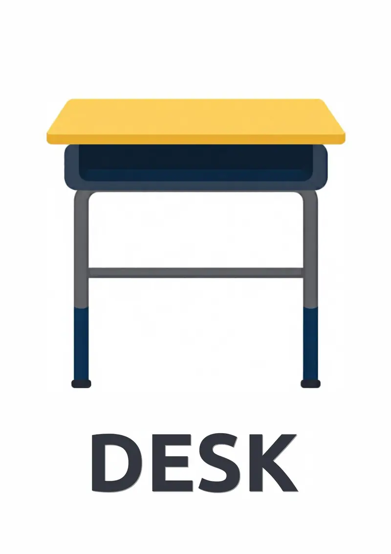A classroom flashcard titled Desk: the word "desk" under a school desk with a yellow top and navy frame.