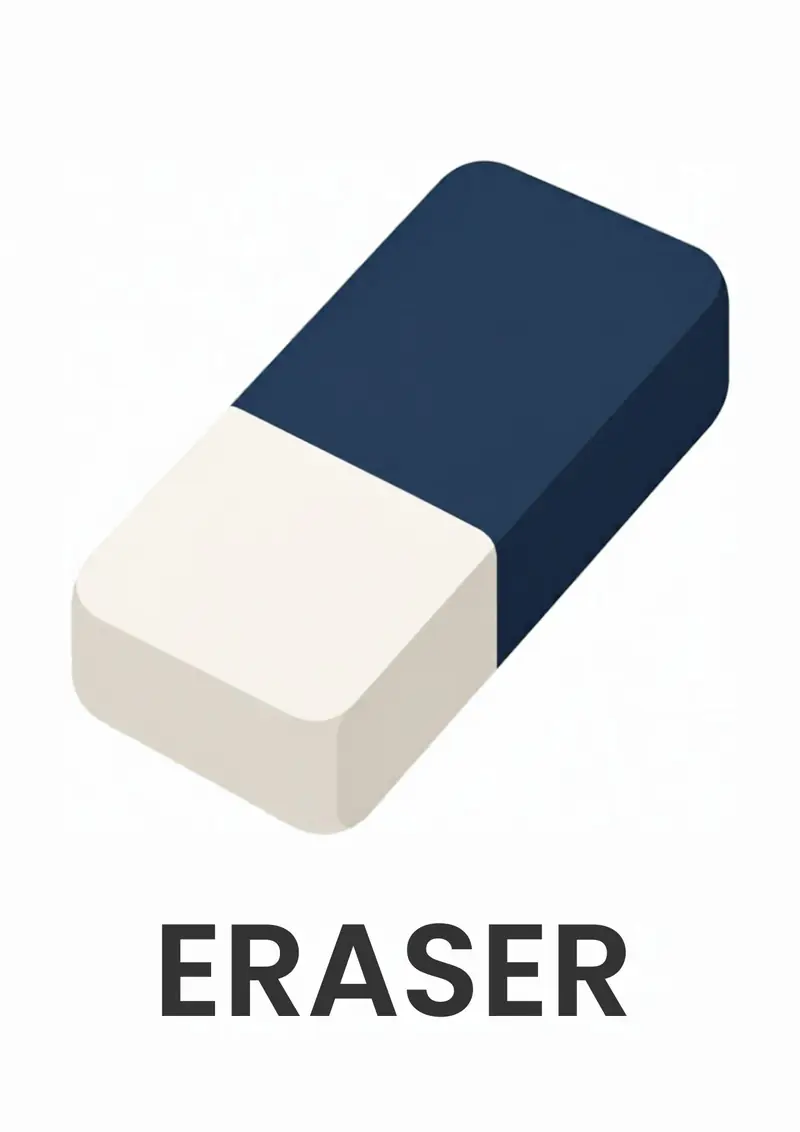 A classroom flashcard titled Eraser: the word "eraser" under a navy and white eraser.