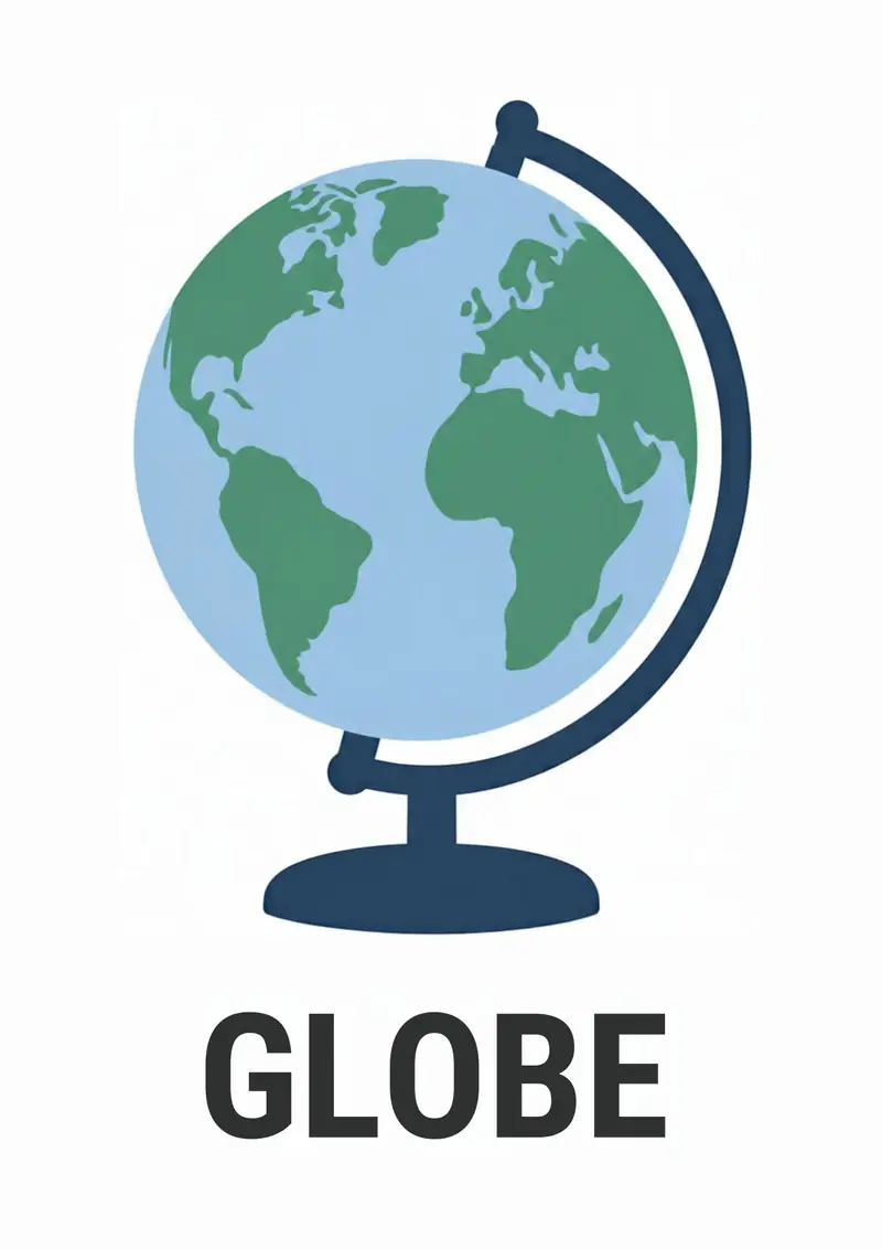 A classroom flashcard titled Globe: the word "globe" under a blue and green world globe on a navy stand.