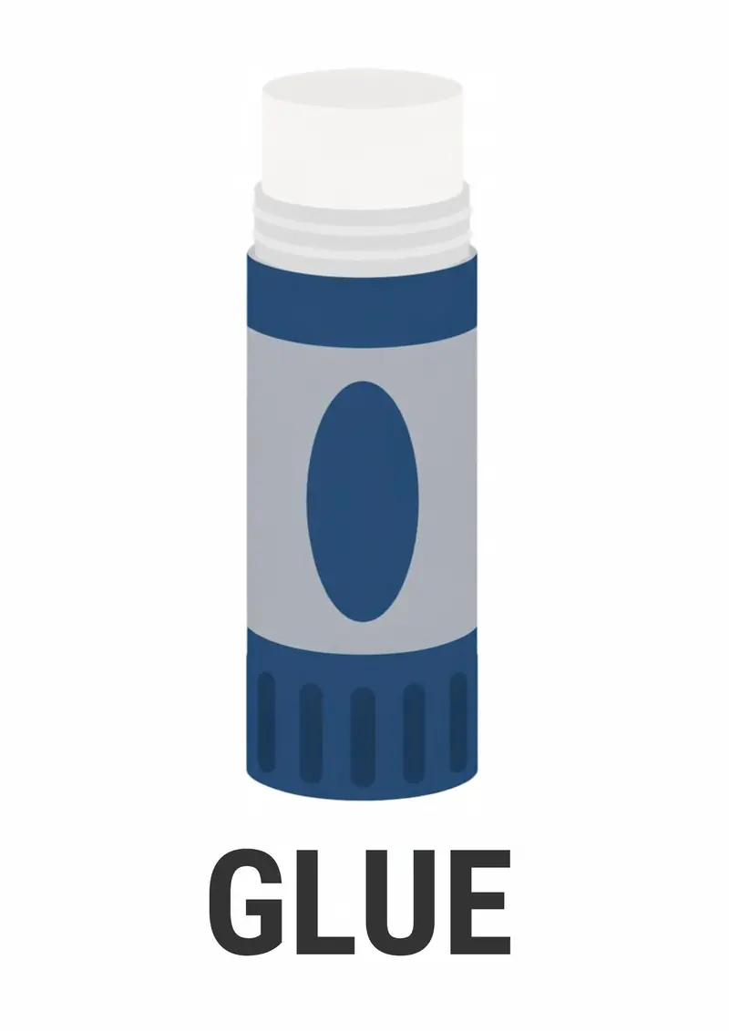 A classroom flashcard titled Glue: the word "glue" under a glue stick with a navy cap.