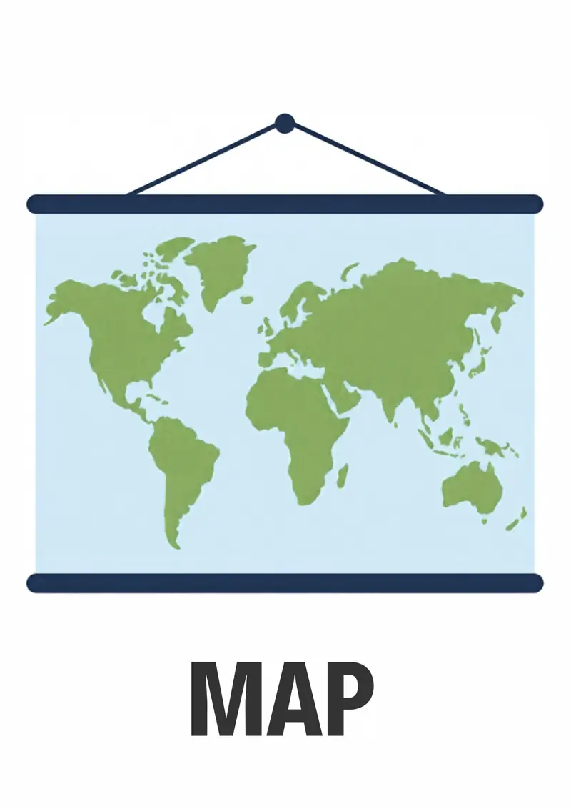 A classroom flashcard titled Map: the word "map" under a hanging world map with green continents.