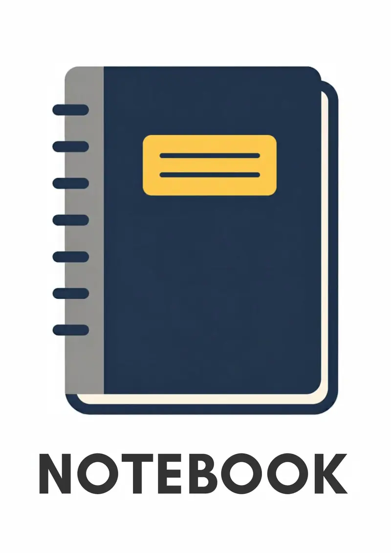 A classroom flashcard titled Notebook: the word "notebook" under a navy spiral notebook with a yellow label.