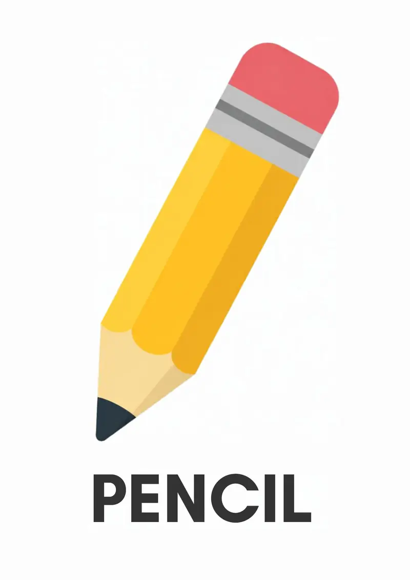A classroom flashcard titled Pencil: the word "pencil" under a yellow pencil with a pink eraser top.