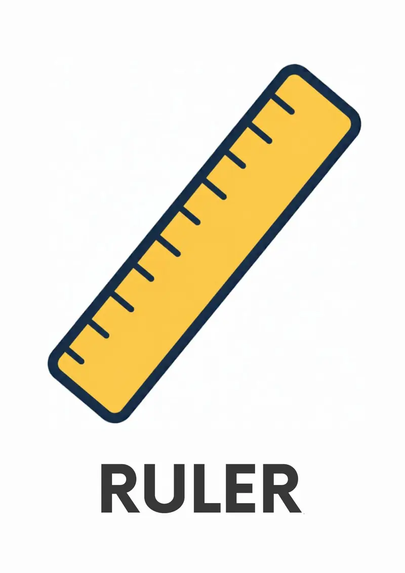 A classroom flashcard titled Ruler: the word "ruler" under a yellow ruler with black markings.