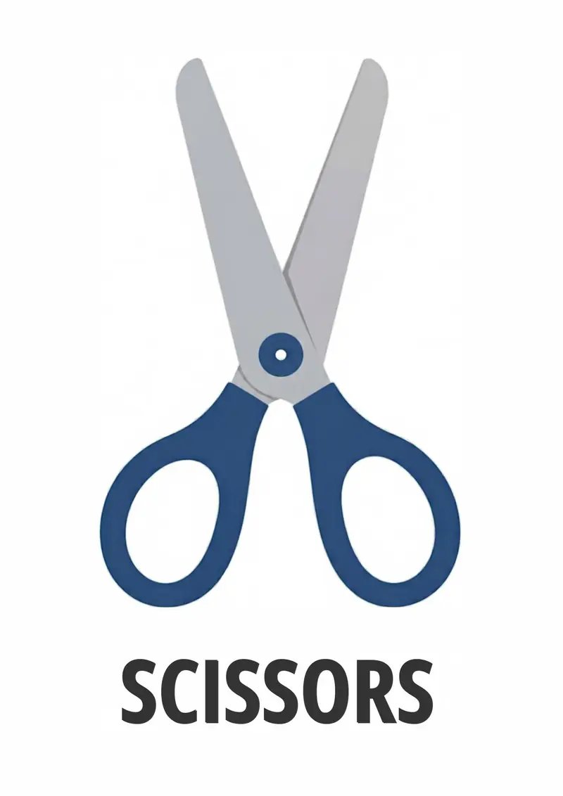 A classroom flashcard titled Scissors: the word "scissors" under a pair of blue scissors with open blades.