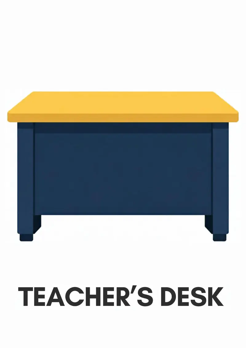 A classroom flashcard titled Teacher&rsquo;s Desk: the words "teacher&rsquo;s desk" under a navy desk with a yellow top.