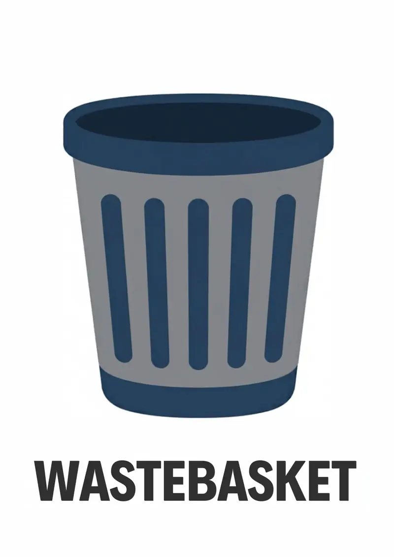 A classroom flashcard titled Wastebasket: the word "wastebasket" under a gray ribbed wastebasket.