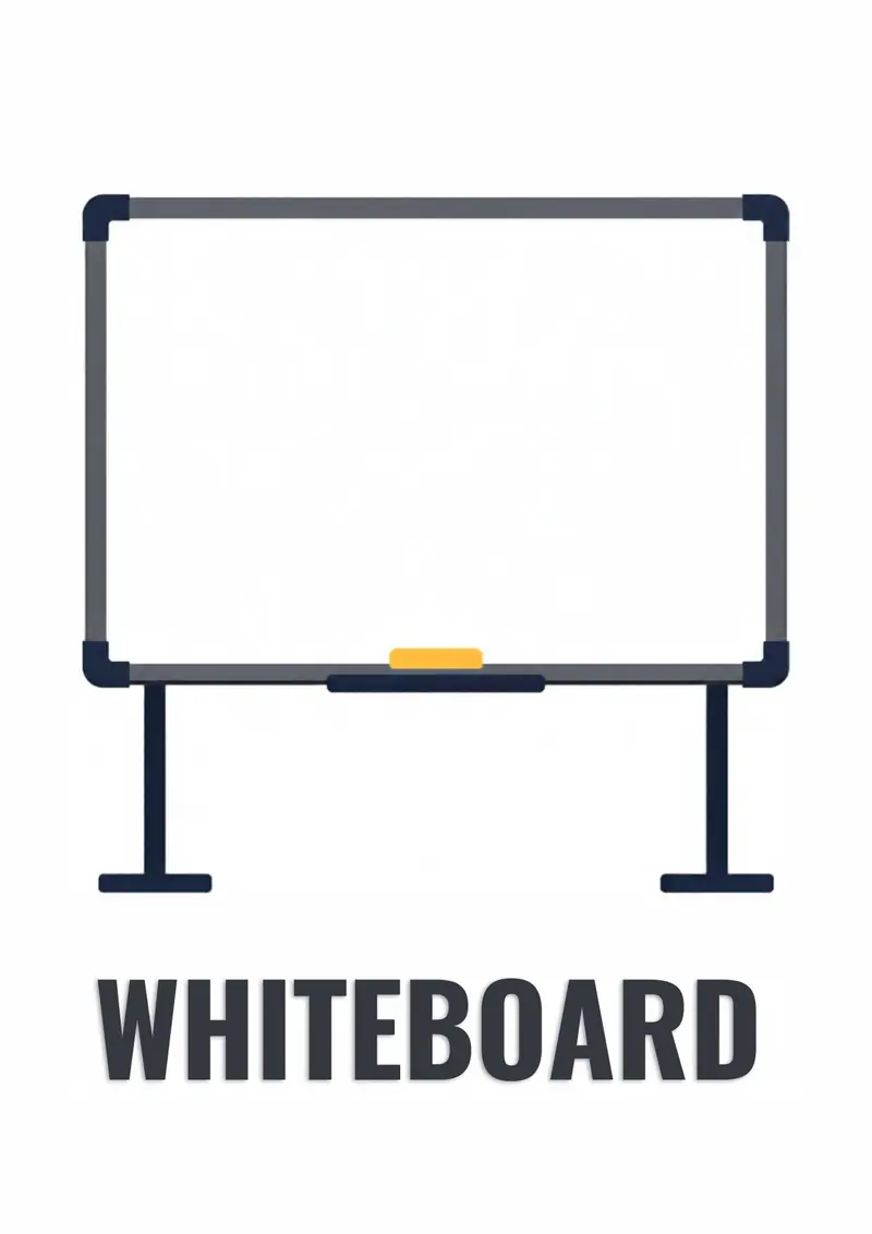A classroom flashcard titled Whiteboard: the word "whiteboard" under a standing whiteboard with a yellow eraser ledge.