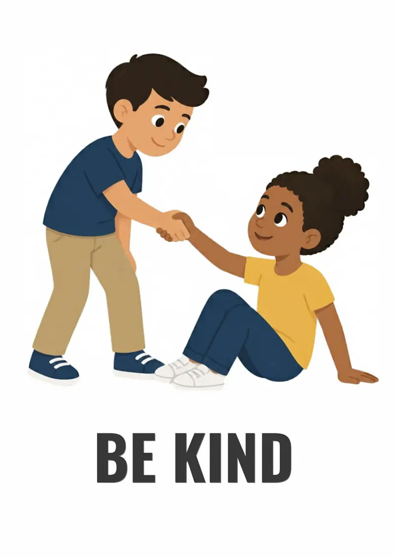 A classroom flashcard titled Be Kind: the words "be kind" under a boy helping a girl up from the floor.