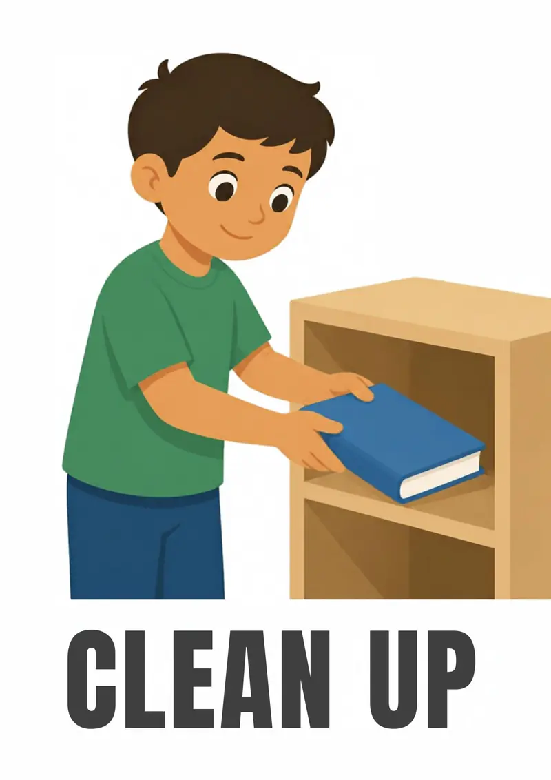 A classroom flashcard titled Clean Up: the words "clean up" under a boy putting books back on a shelf.