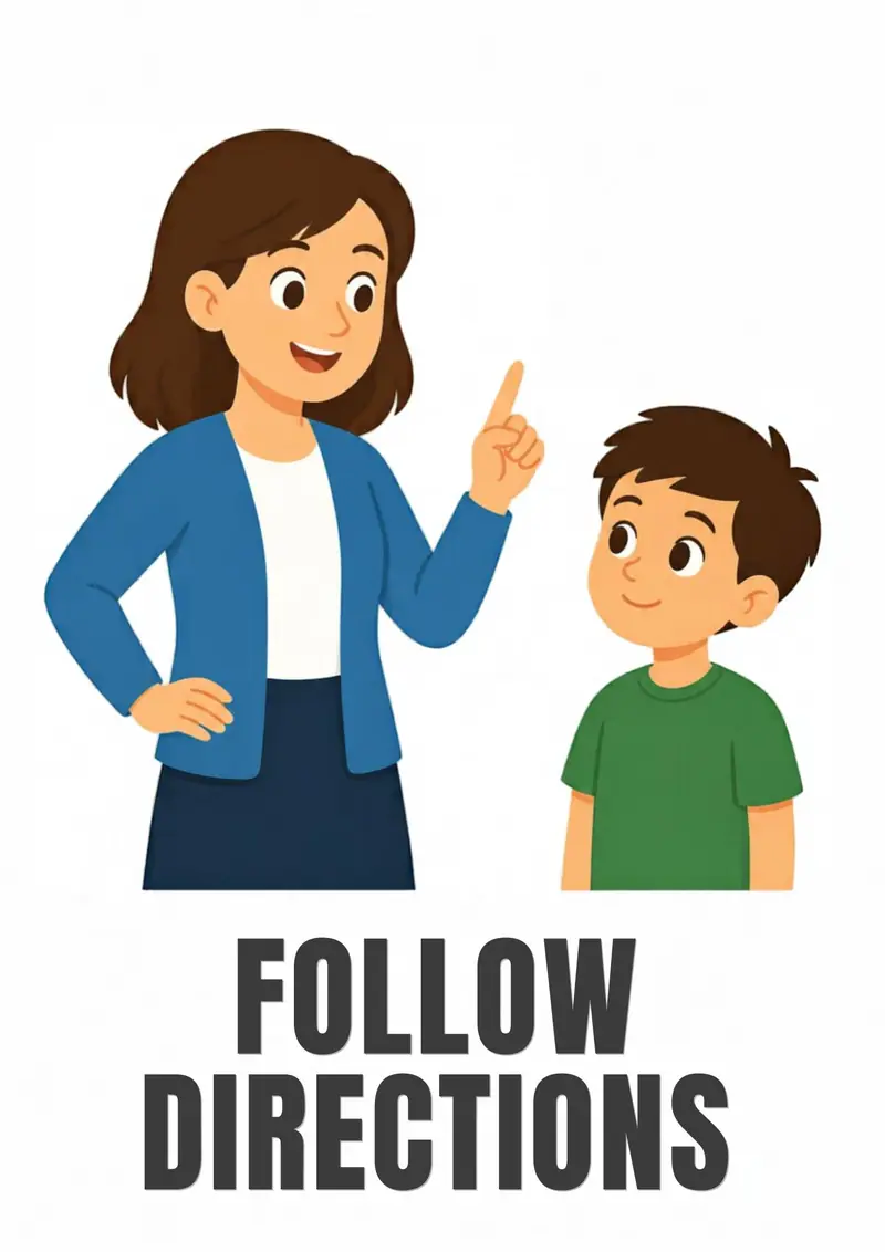 A classroom flashcard titled Follow Directions: the words "follow directions" under a teacher pointing while a child watches.