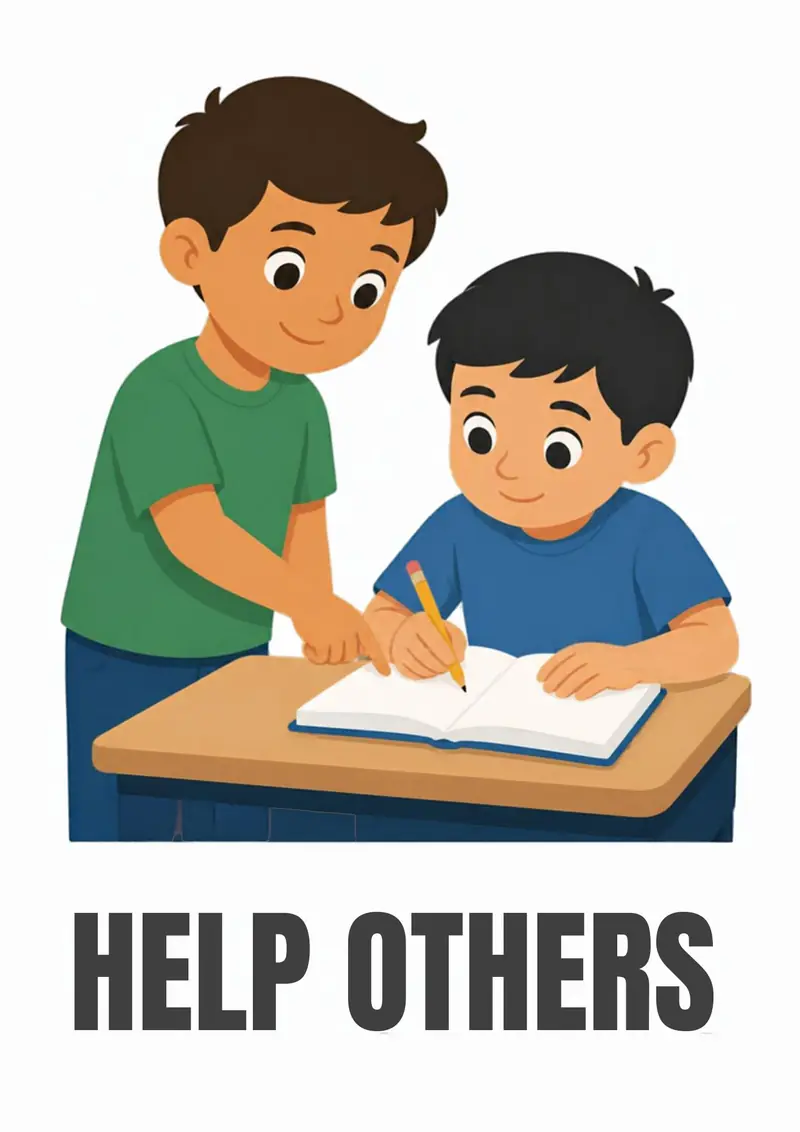 A classroom flashcard titled Help Others: the words "help others" under two children writing together at a desk.