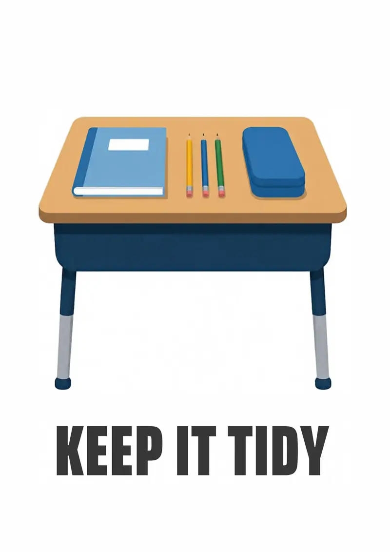 A classroom flashcard titled Keep It Tidy: the words "keep it tidy" under a tidy desk with books and pencils in place.