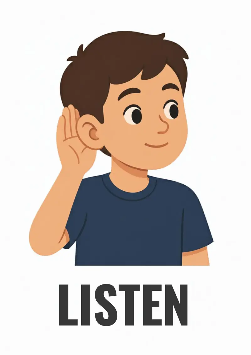 A classroom flashcard titled Listen: the word "listen" under a boy holding his hand to his ear.