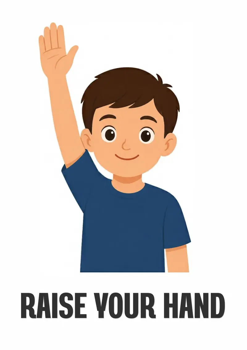 A classroom flashcard titled Raise Your Hand: the words "raise your hand" under a boy lifting his hand high.