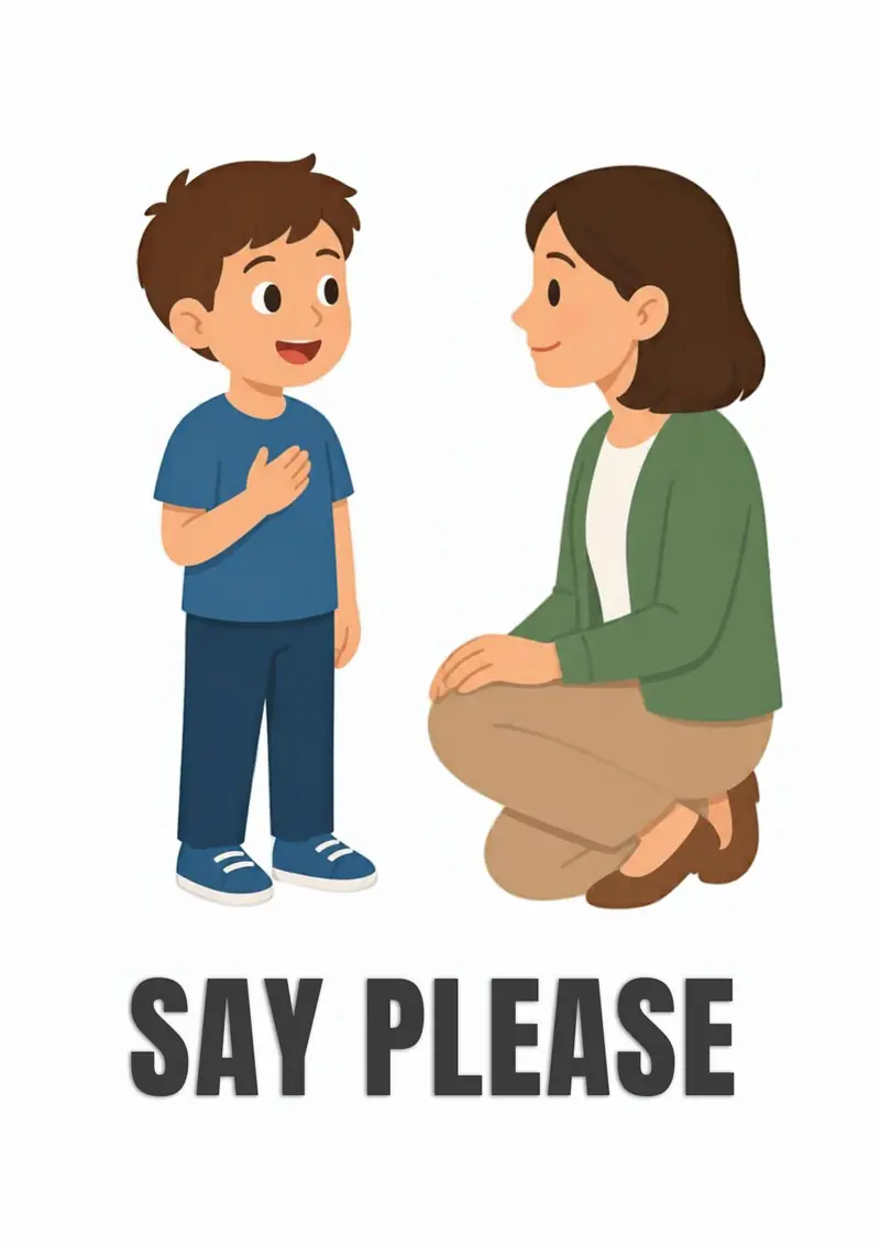 A classroom flashcard titled Say Please: the words "say please" under a boy talking with a kneeling grown-up.