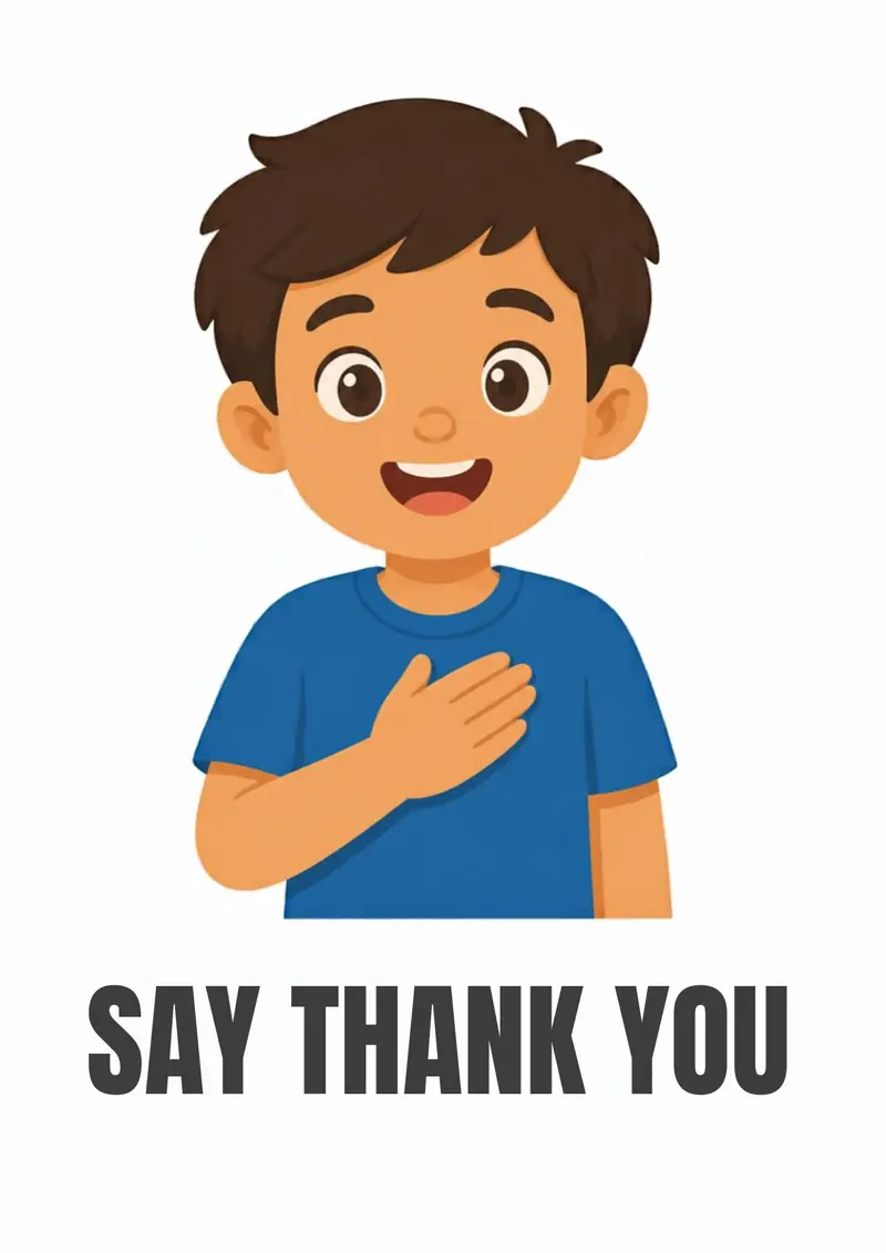 A classroom flashcard titled Say Thank You: the words "say thank you" under a smiling boy with a hand on his chest.