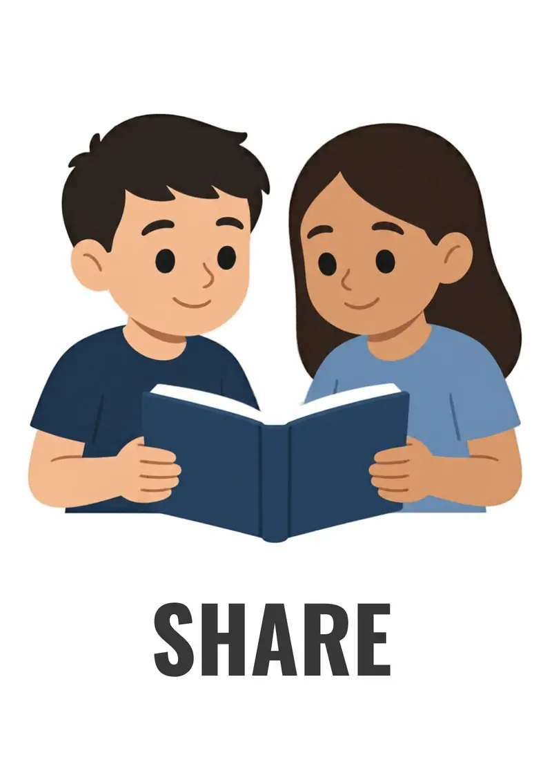 A classroom flashcard titled Share: the word "share" under two children reading one book together.