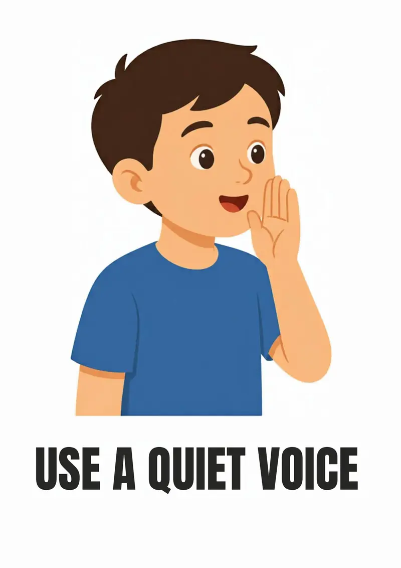 A classroom flashcard titled Use a Quiet Voice: the words "use a quiet voice" under a boy with a finger to his lips.