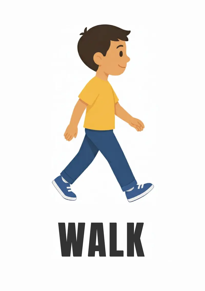 A classroom flashcard titled Walk: the word "walk" under a boy walking carefully with his arms relaxed.