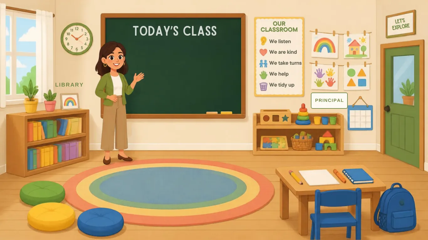 Illustrated classroom with a teacher by the blackboard, a class rules poster, a library shelf, a toy shelf, a big circle rug, a child’s desk with a backpack, a sticky note wall and a green door