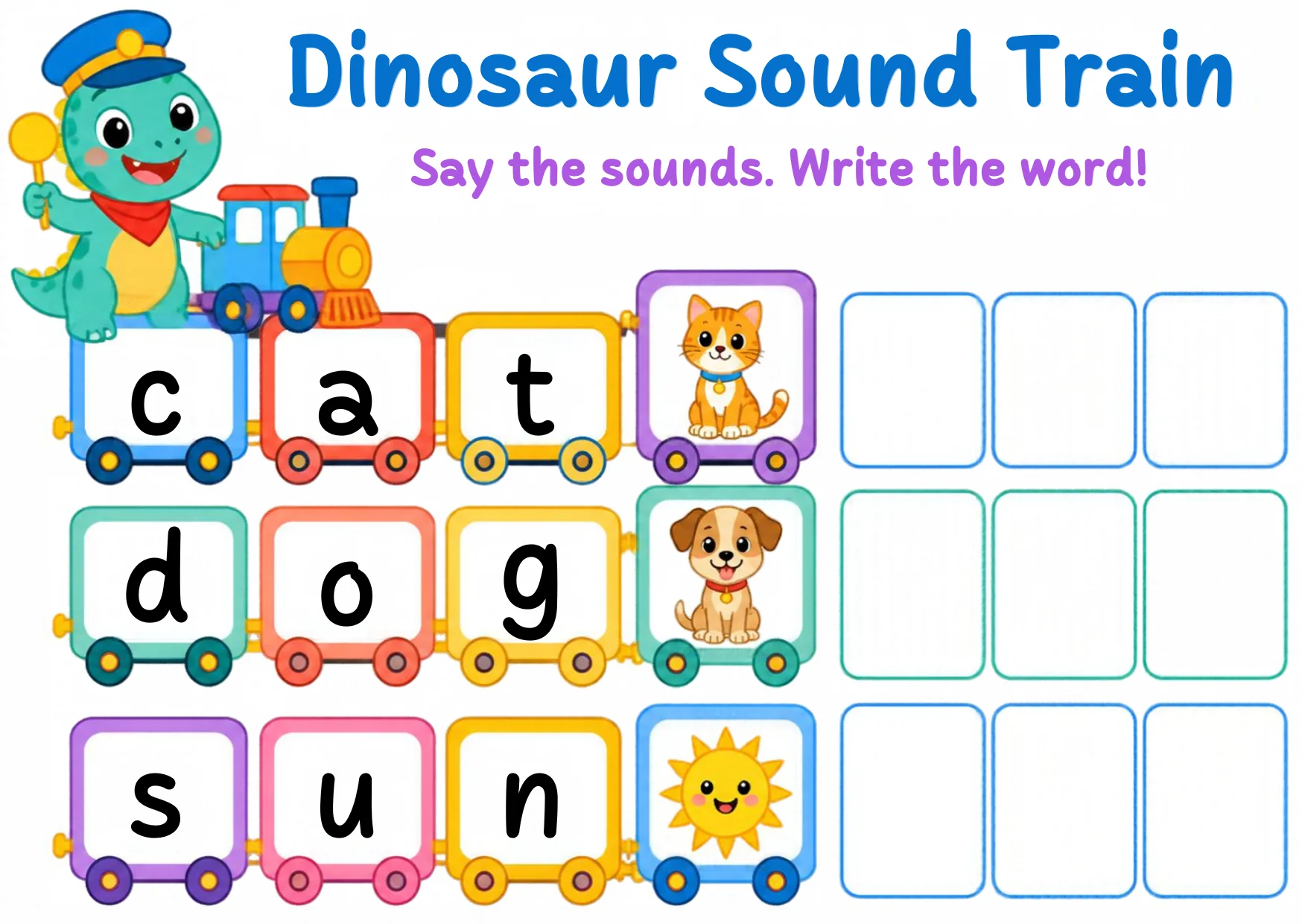 A dinosaur conductor beside train cars waiting for the letters of cat, dog and sun.