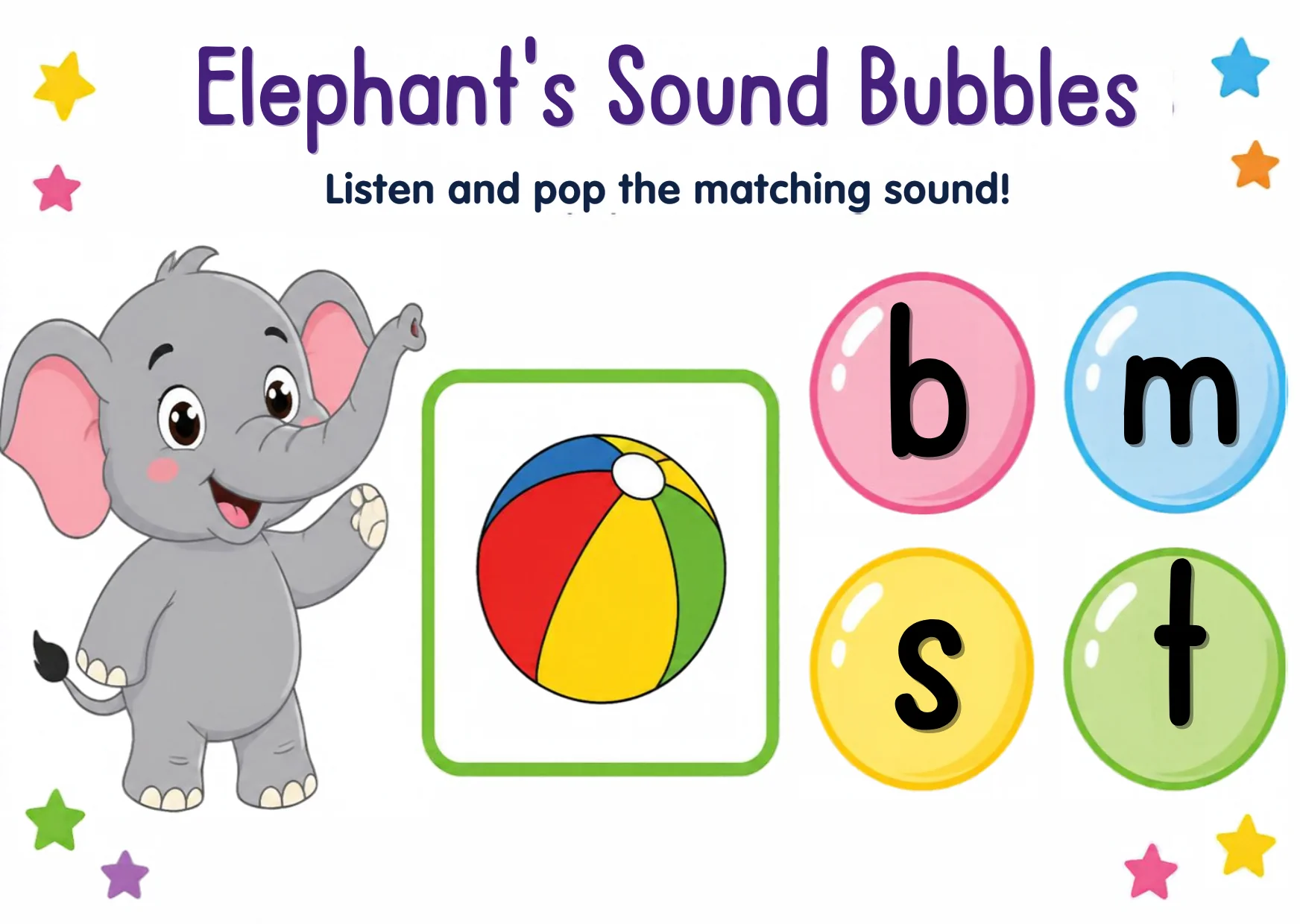 A friendly elephant blowing sound bubbles beside rows of small pictures.
