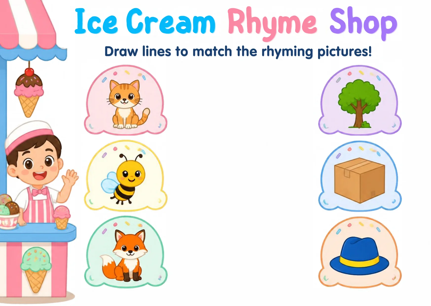 An ice cream shop counter with rhyming picture pairs waiting to be matched.