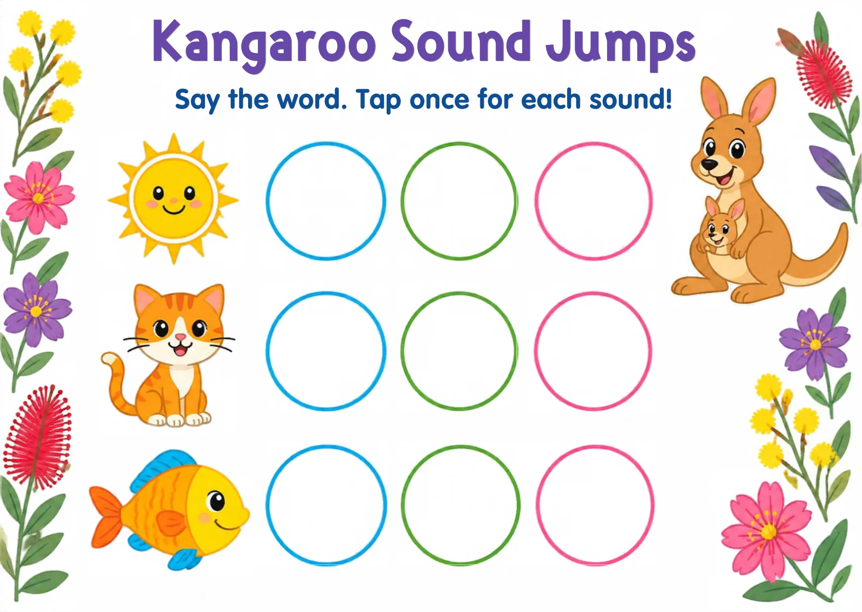 A kangaroo beside words with jump circles waiting to be counted.