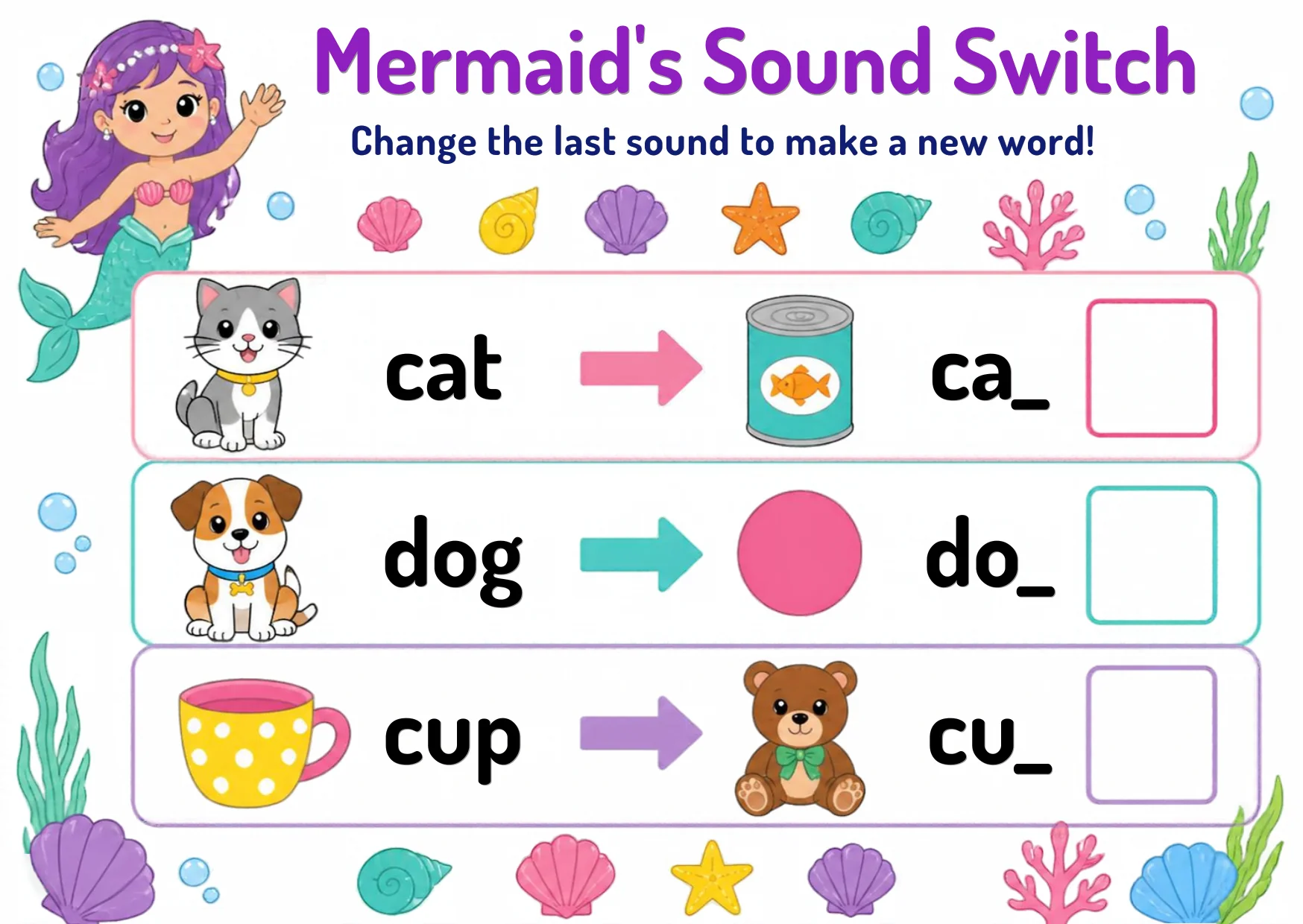 A mermaid beside words whose last letters switch to make new words.
