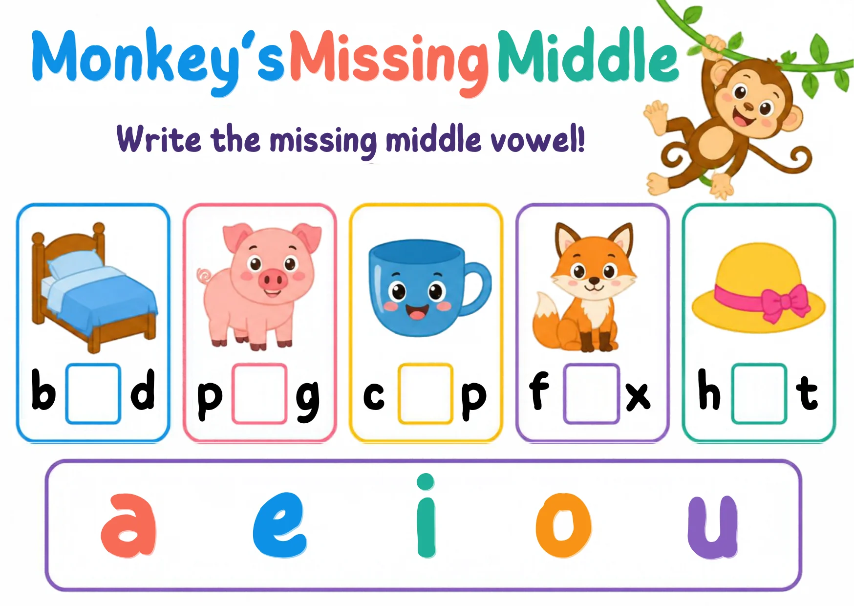 A monkey beside b_d, p_g, c_p, f_x and h_t with the five vowels waiting.