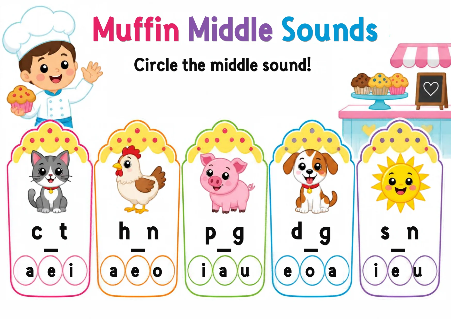 Muffin words with missing middle vowels beside a bank of the five vowels.
