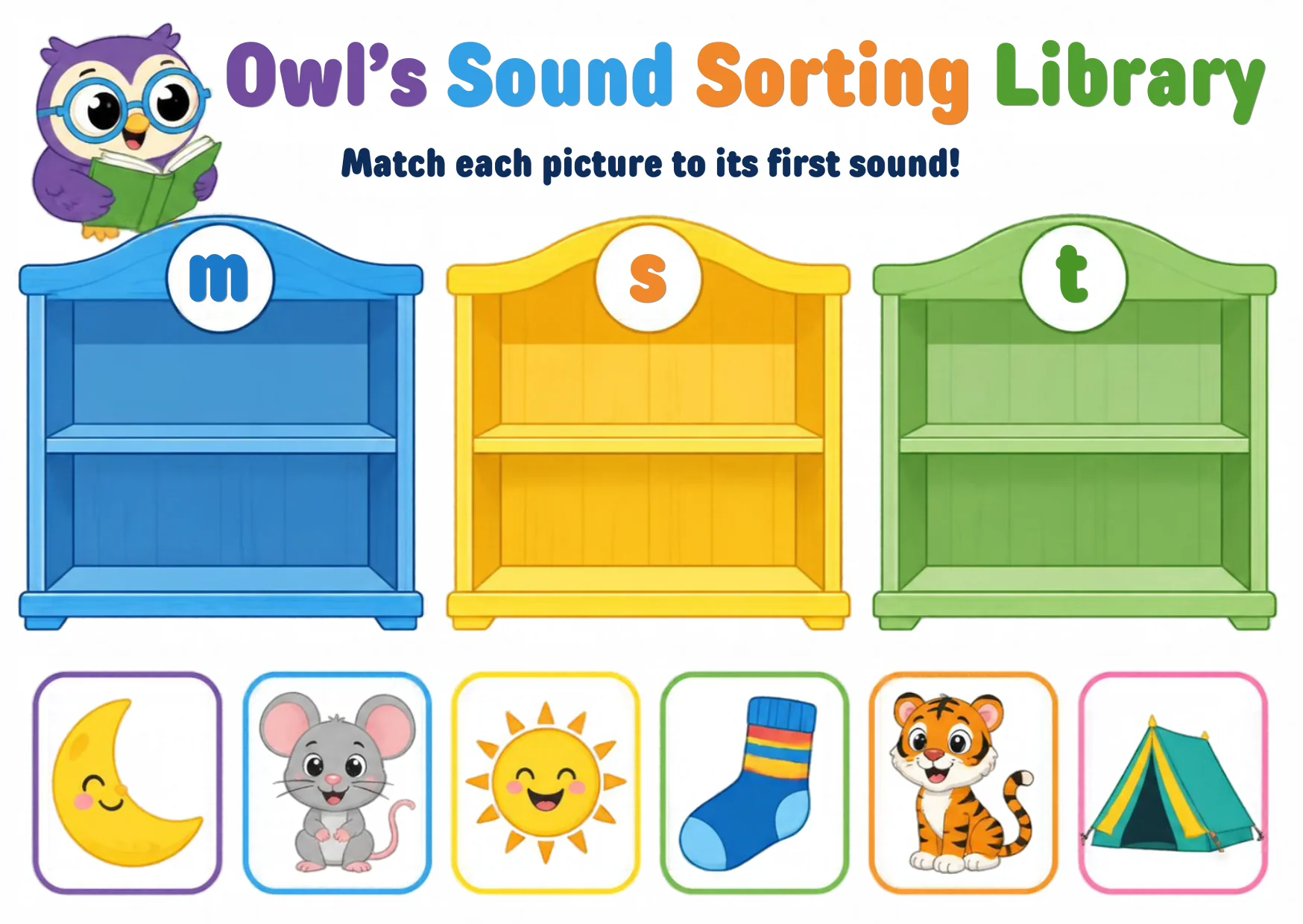 An owl librarian beside two shelves waiting for picture cards sorted by first sound.