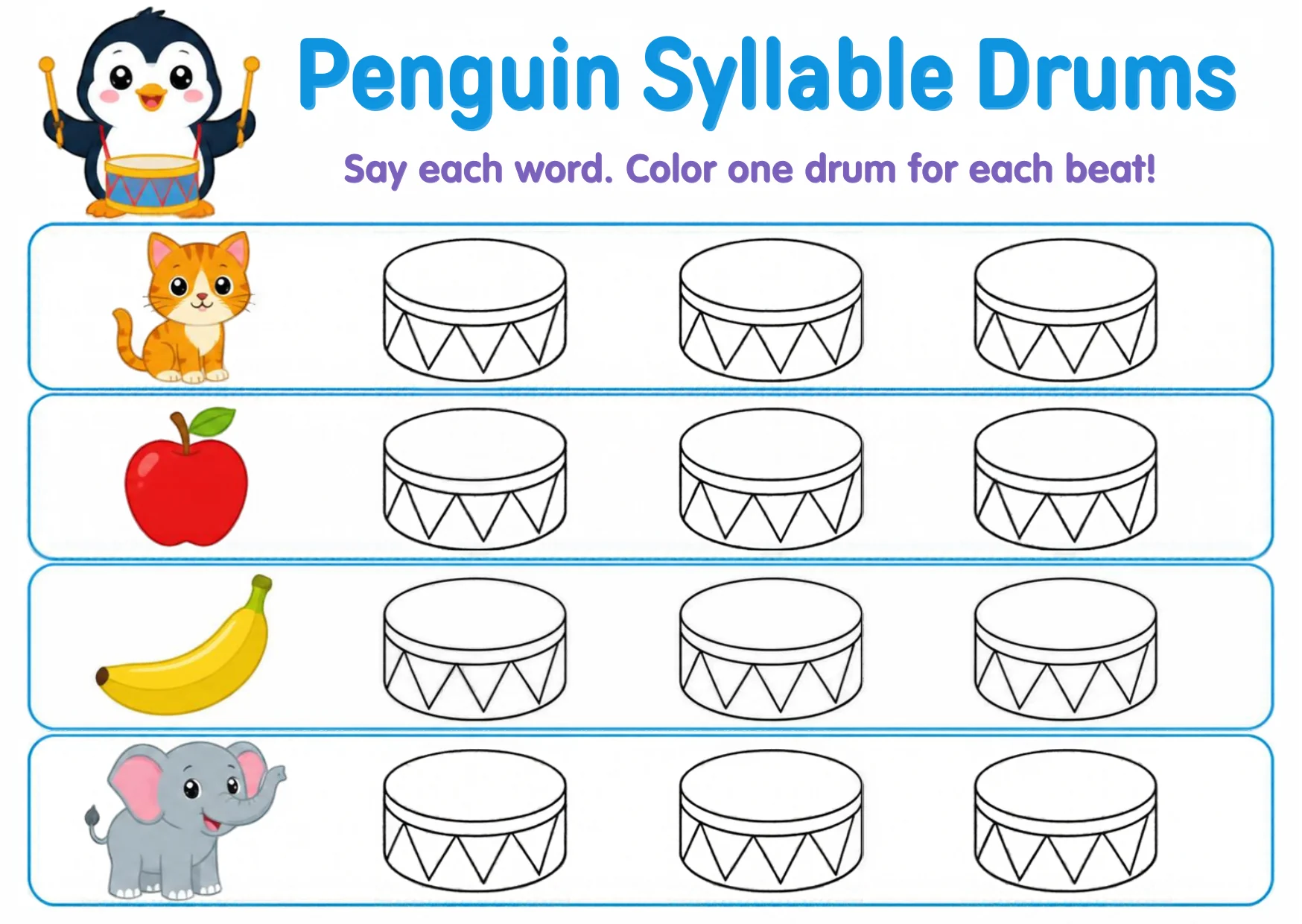 A penguin drummer beside words and drum circles waiting to be tapped.