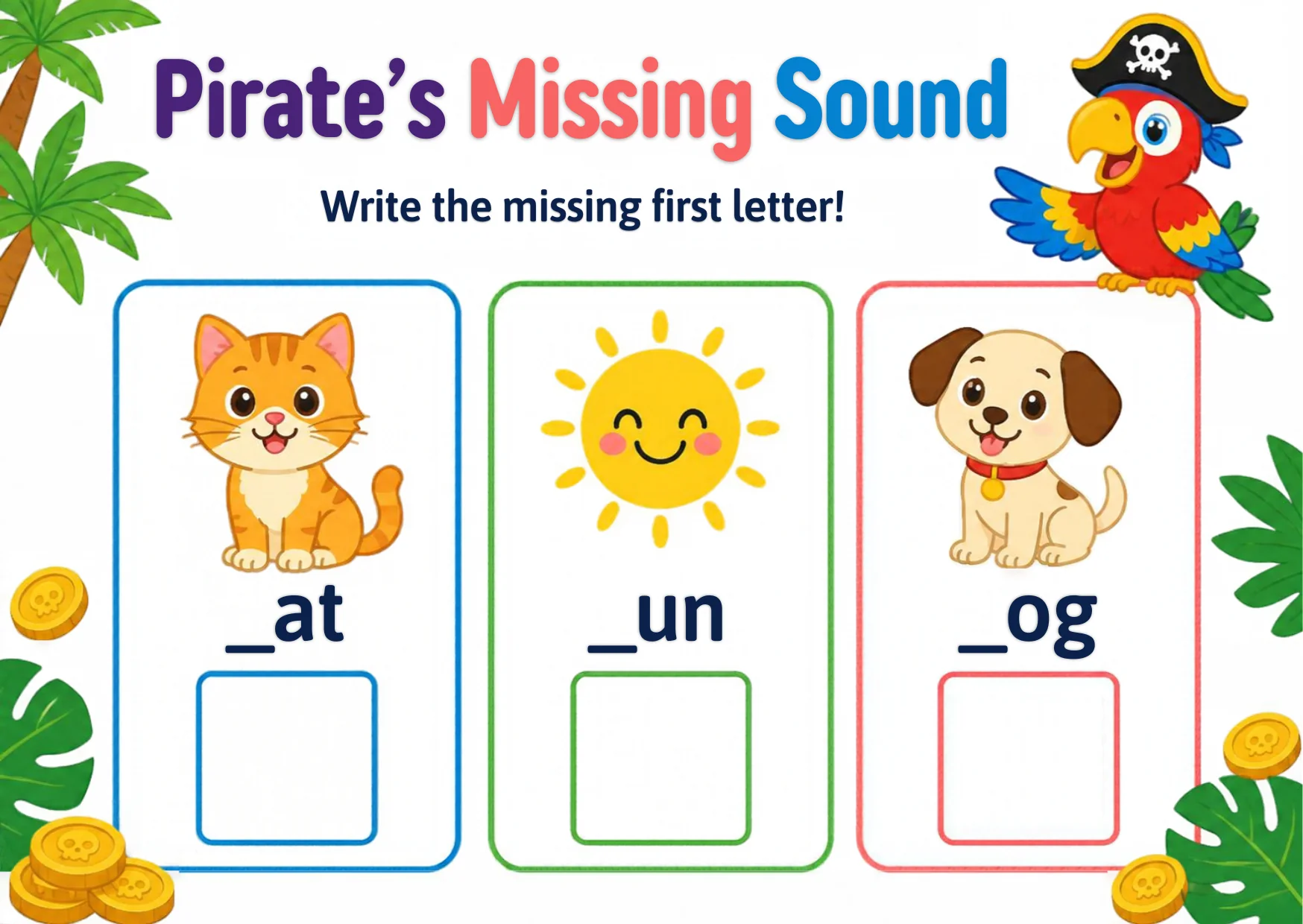 A pirate parrot beside words with missing first letters and picture clues.