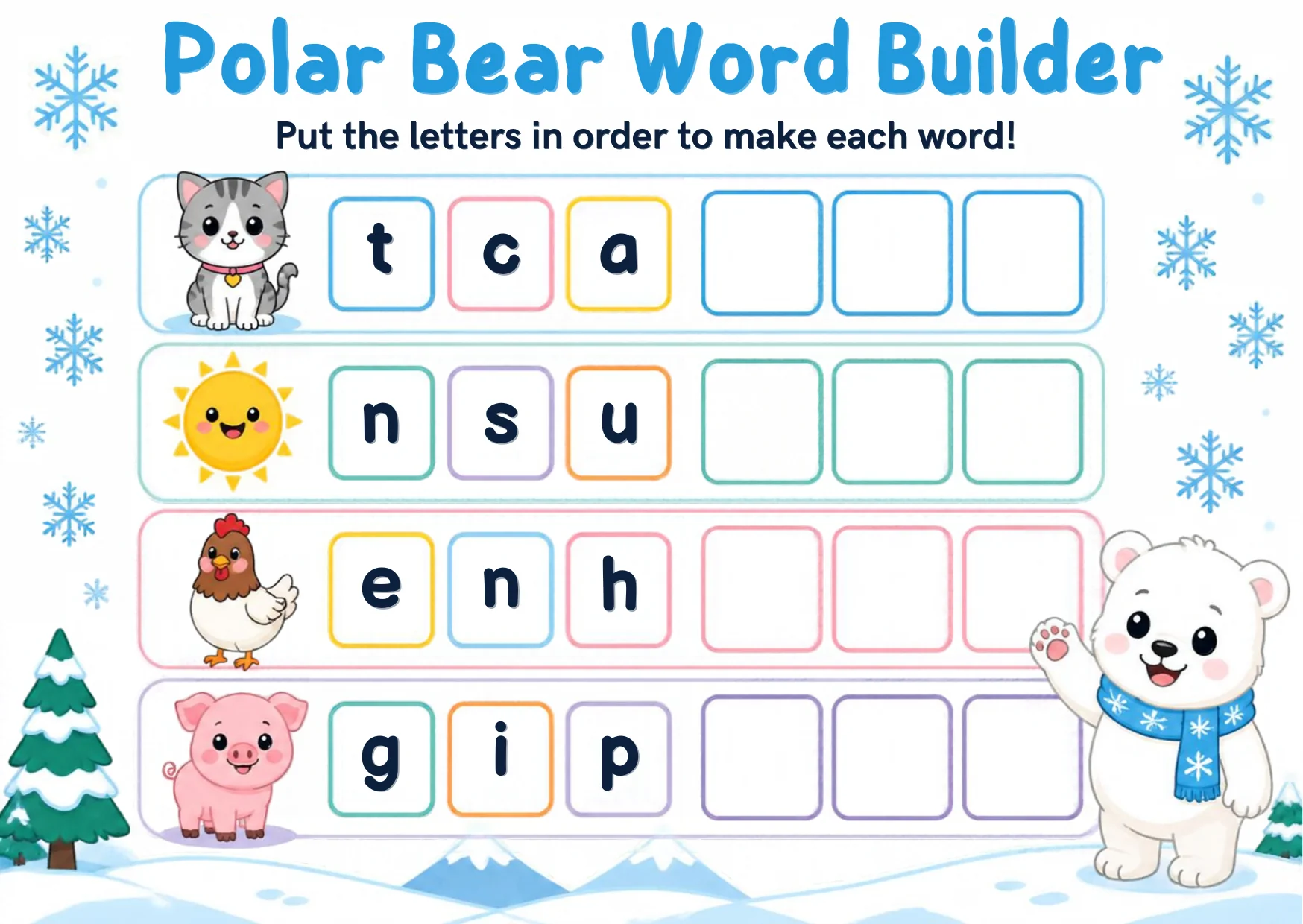 A polar bear beside frozen words waiting to be rebuilt letter by letter.