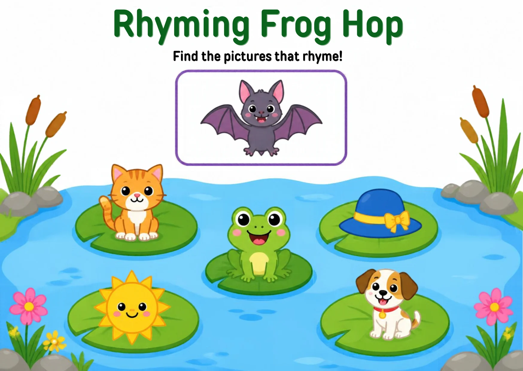 Frogs on lily pads with pictures of a cat, a hat, a dog and a log.