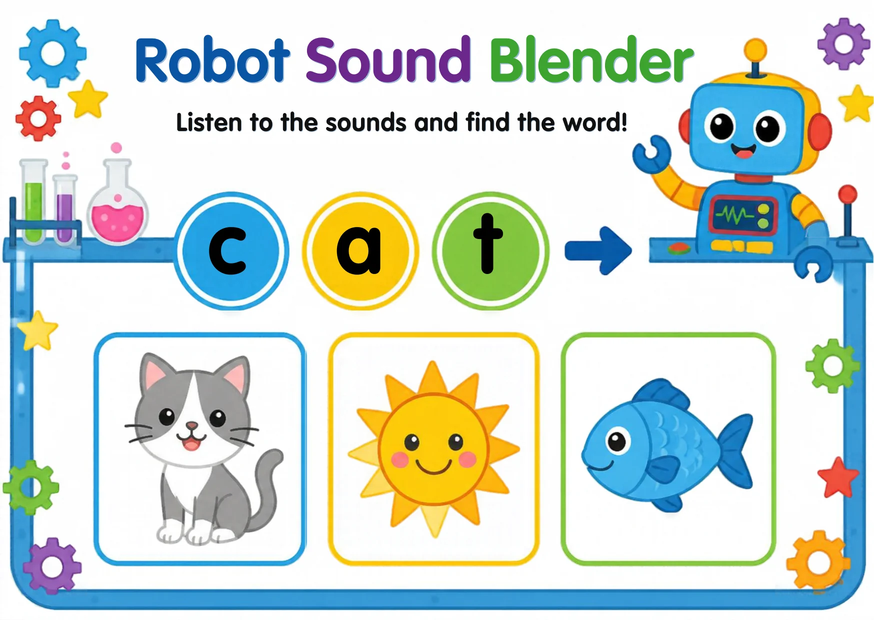 A friendly robot with sound boxes showing the word cat built letter by letter.