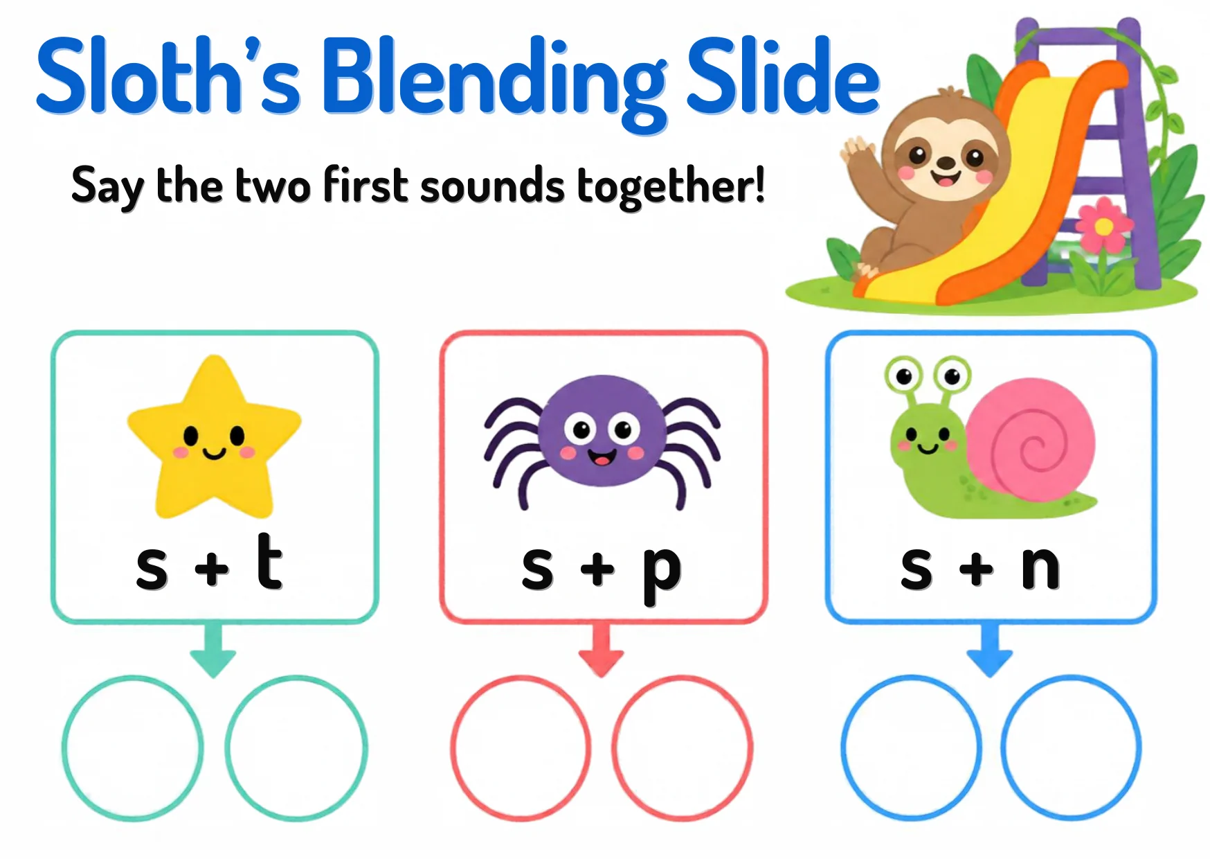 A sloth on a slide beside s-words whose first letter is already placed.