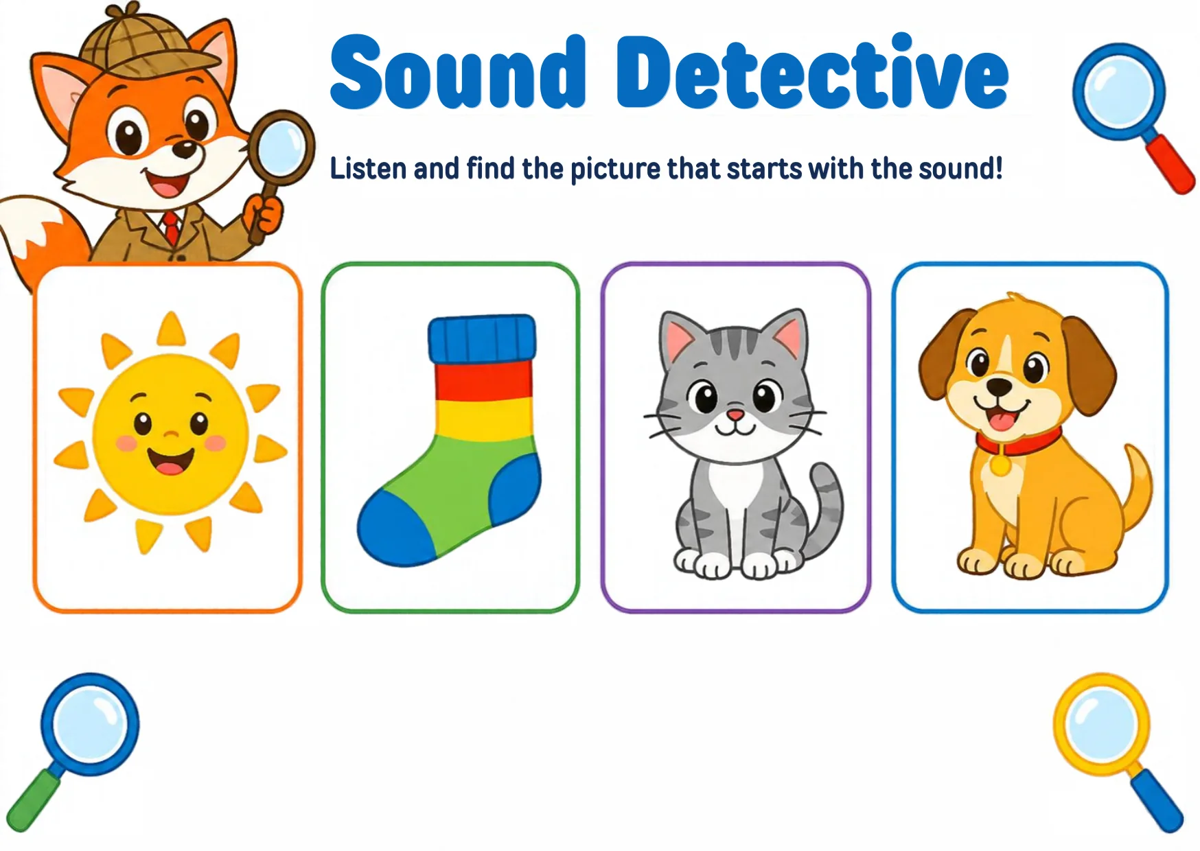 A detective fox with a magnifying glass beside pictures of a sun, a sock, a cat and a dog.