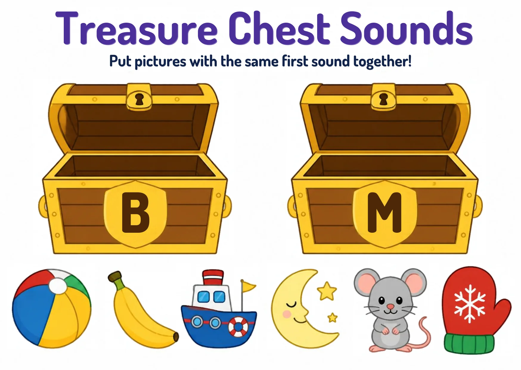 Two treasure chests waiting for picture cards to be sorted by their beginning sound.