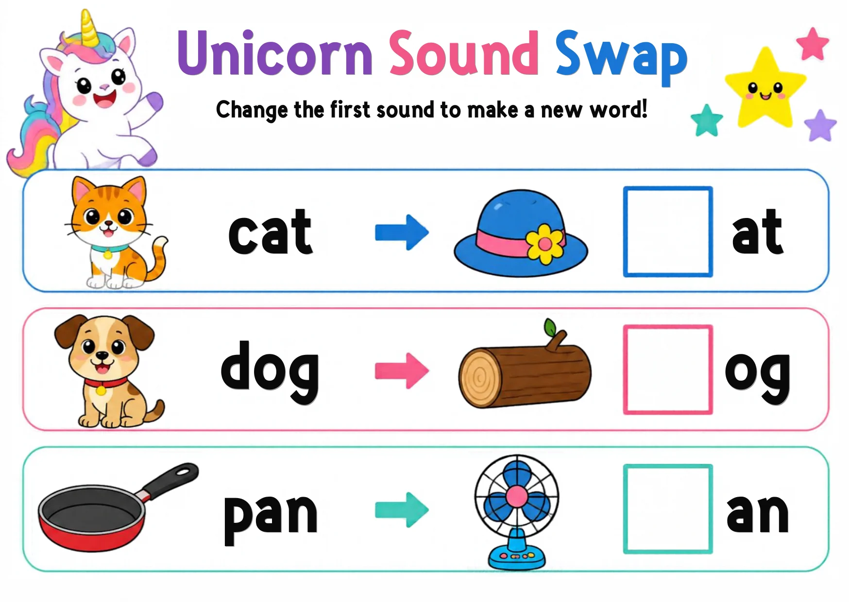 A unicorn beside words transforming into new words with swapped first letters.