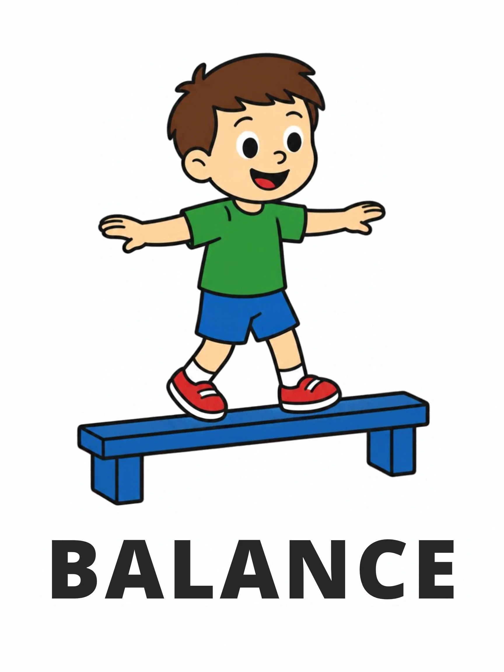 A Playground flashcard with the word "Balance" and a boy in a green shirt balancing on a blue bench with his arms out.